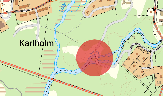 Illustrerad kartvy över platsen på dammluckorna i Karlholm